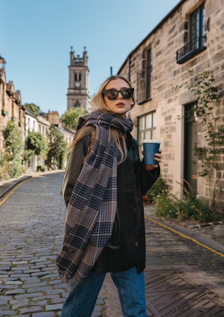 Lambswool Oversized Scarf in Brown Glen Check