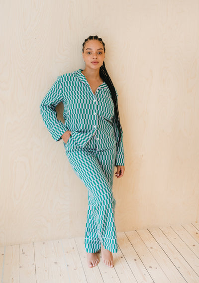 Pre-Order Cotton Pyjamas in Teal Checkerboard - Front