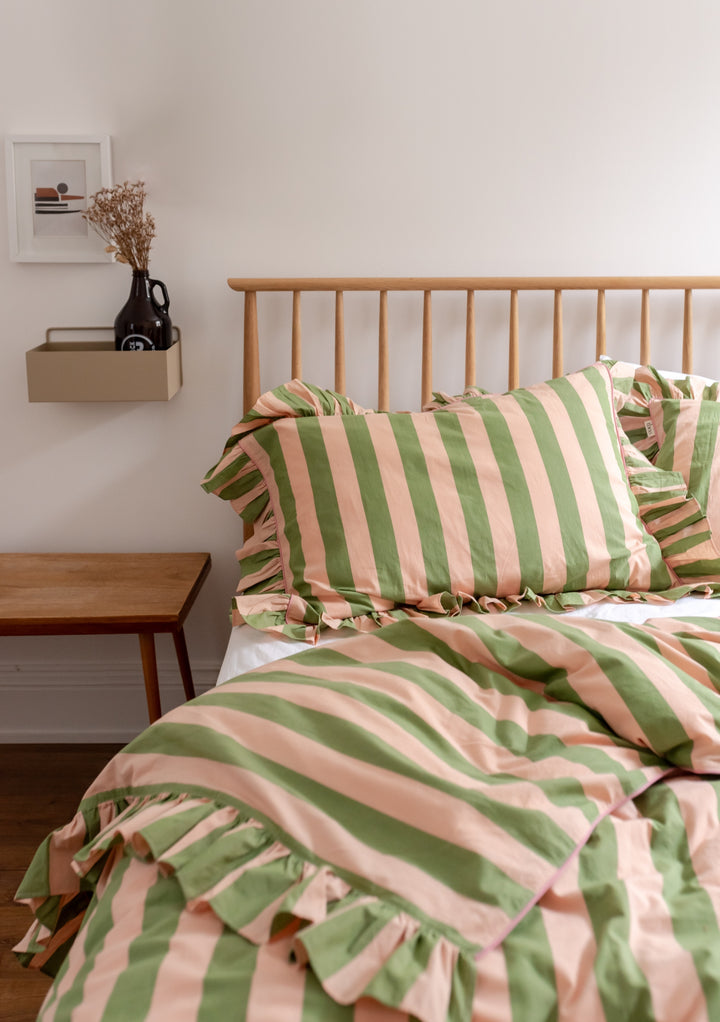 Cotton Duvet Cover in Green Stripe