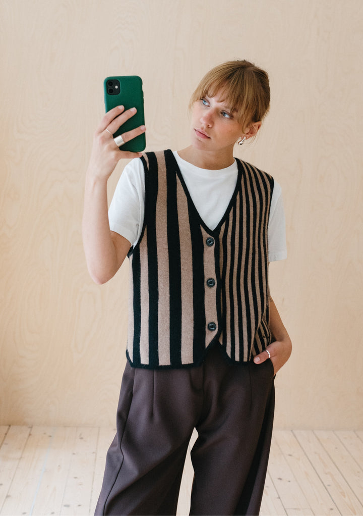 Merino Wool Vest in Latte Stripe