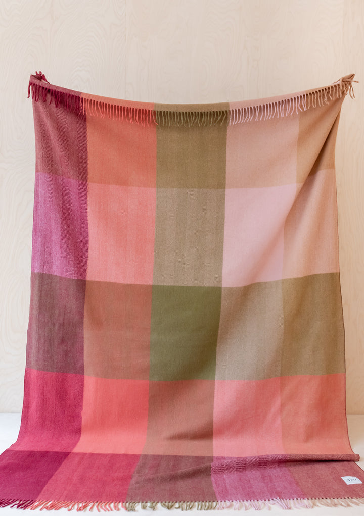 Recycled Wool Extra Large Blanket in Pink Herringbone Block Check