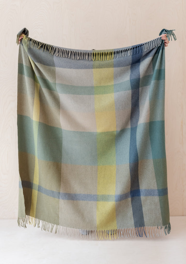 Recycled Wool Blanket in Green Oversized Patchwork Check