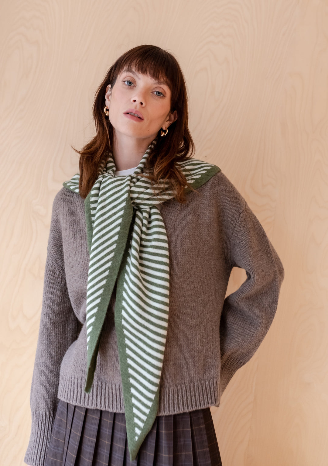 Large Merino Triangle Scarf in Green Stripe - TBCo 