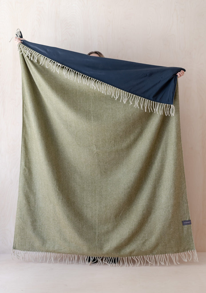Recycled Wool Picnic Blanket in Olive Herringbone