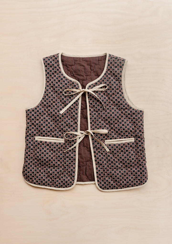 Quilted Cotton Vest in Reversible Brown Celestial Stripe