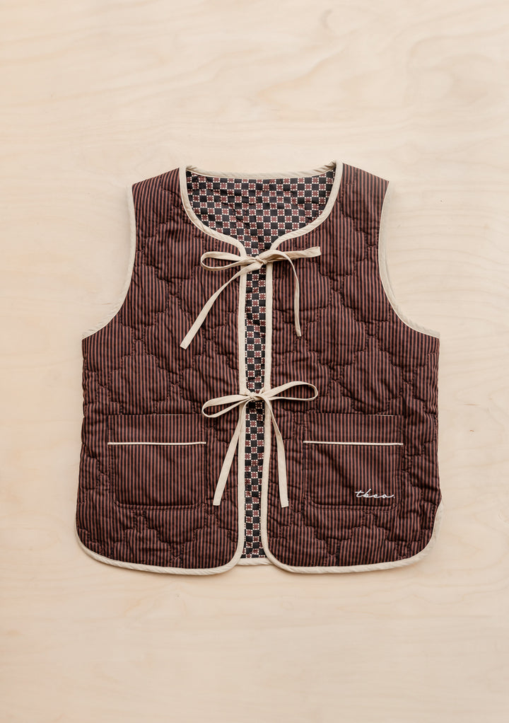 Quilted Cotton Vest in Reversible Brown Celestial Stripe