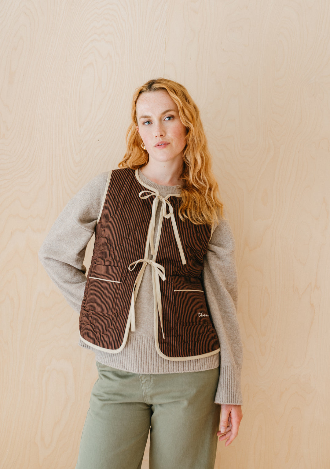 Quilted Cotton Vest in Reversible Brown Celestial Stripe