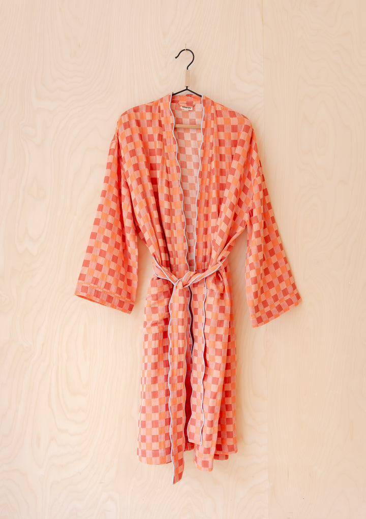 Cotton Robe in Apricot Checkerboard