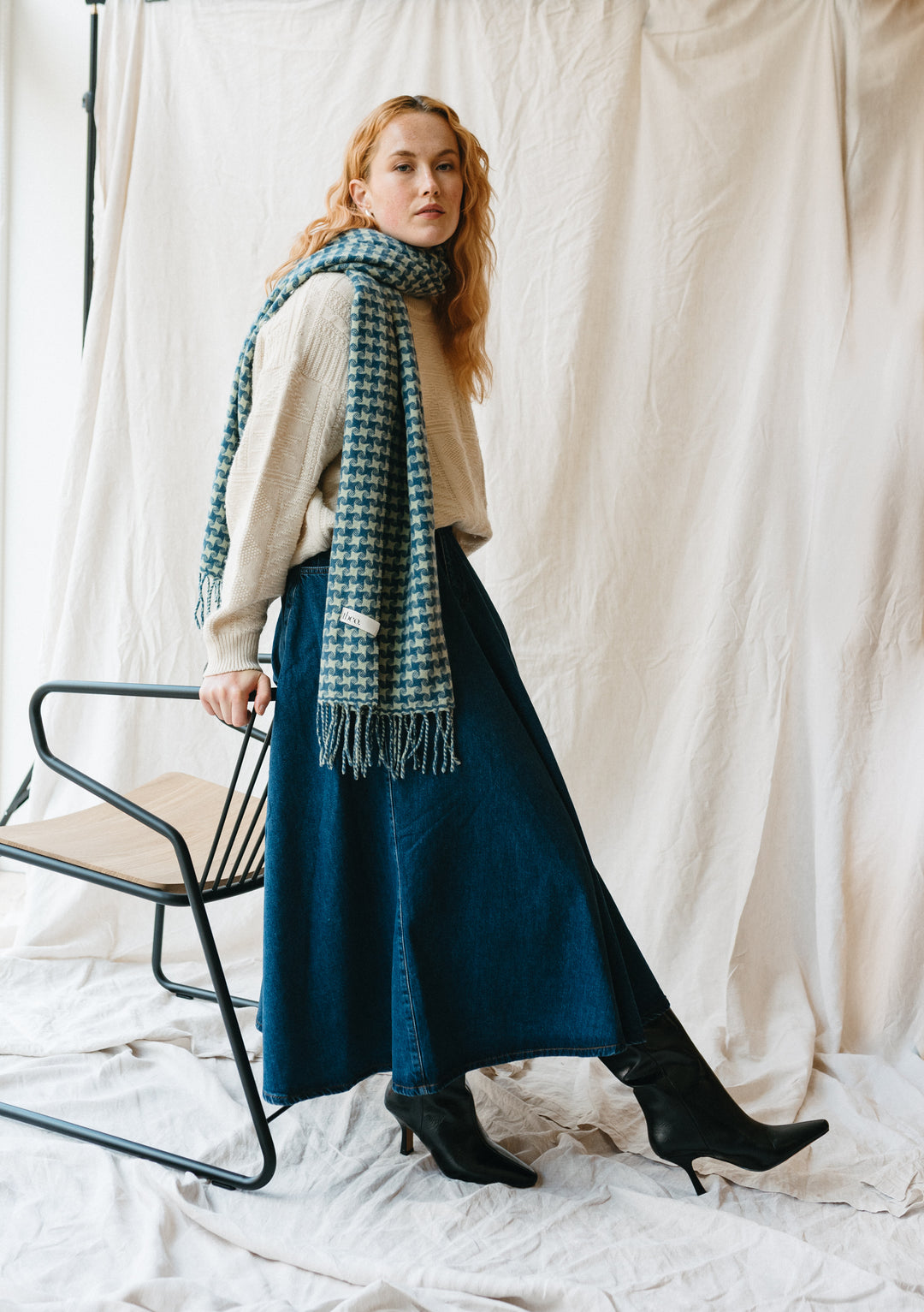 Cashmere Oversized Scarf in Green Star Houndstooth