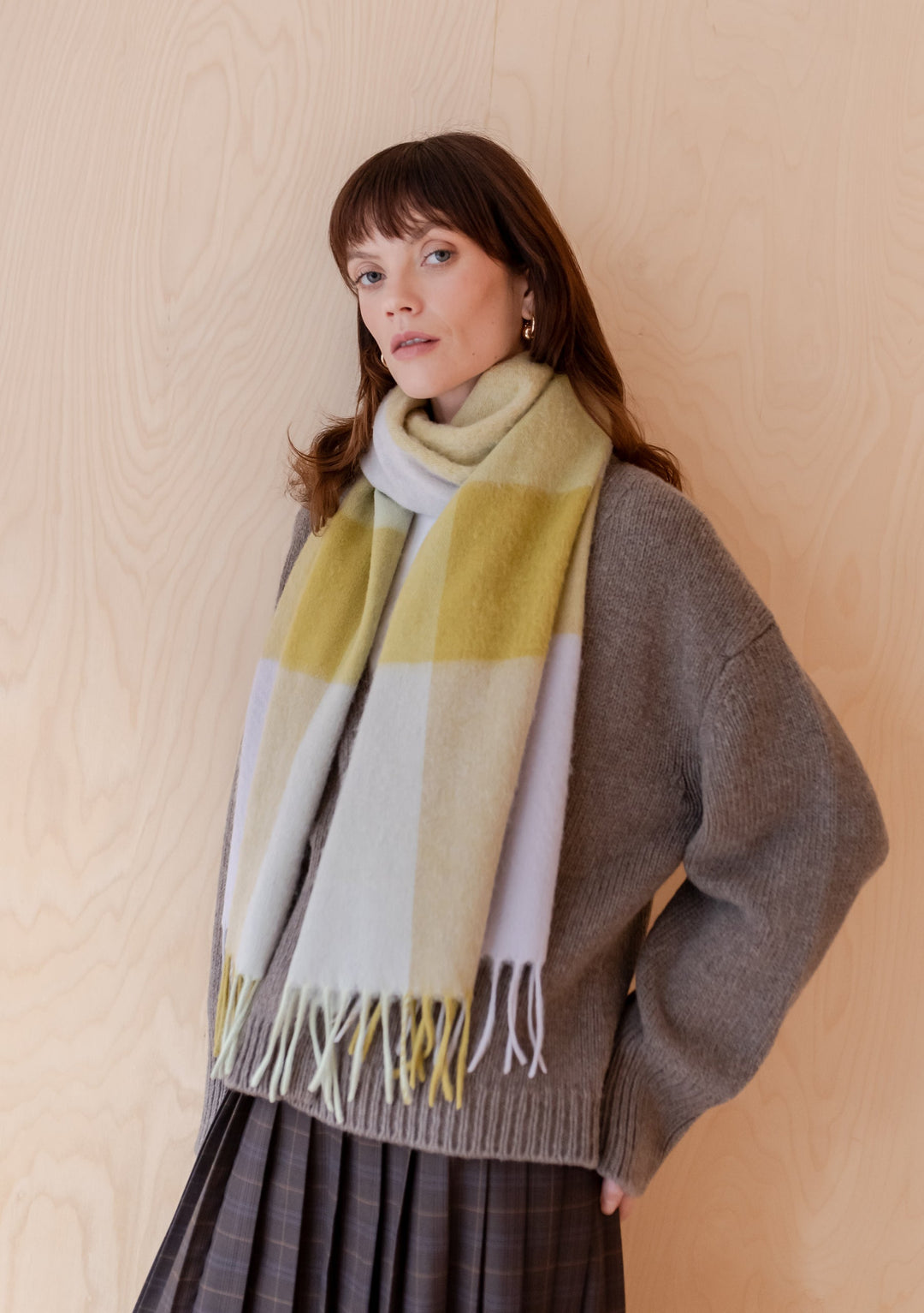 Lambswool Oversized Scarf in Sage Block Check