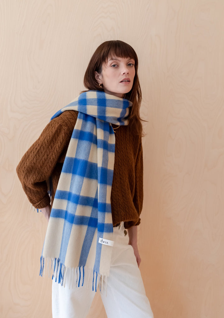 Lambswool Oversized Scarf in Blue Check