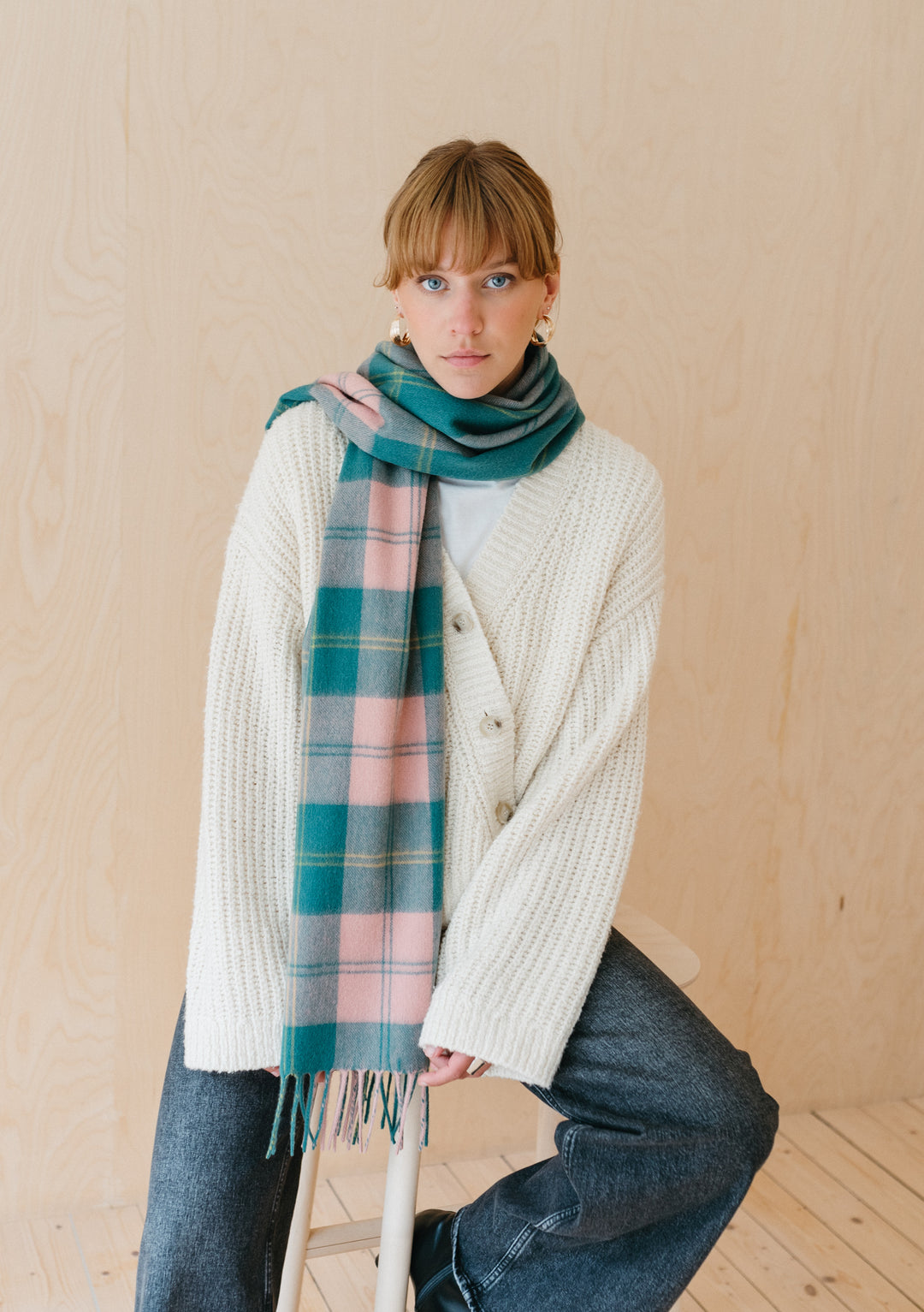 Lambswool Oversized Scarf in Pink Varsity Check