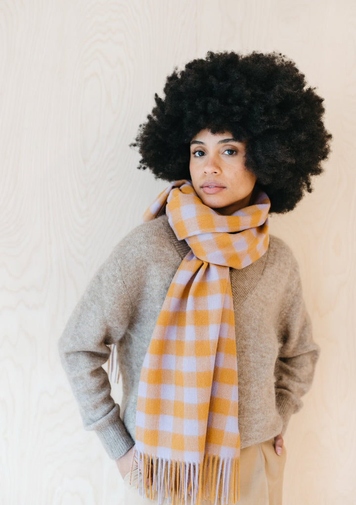 Lambswool Blanket Scarf in Amber Gingham