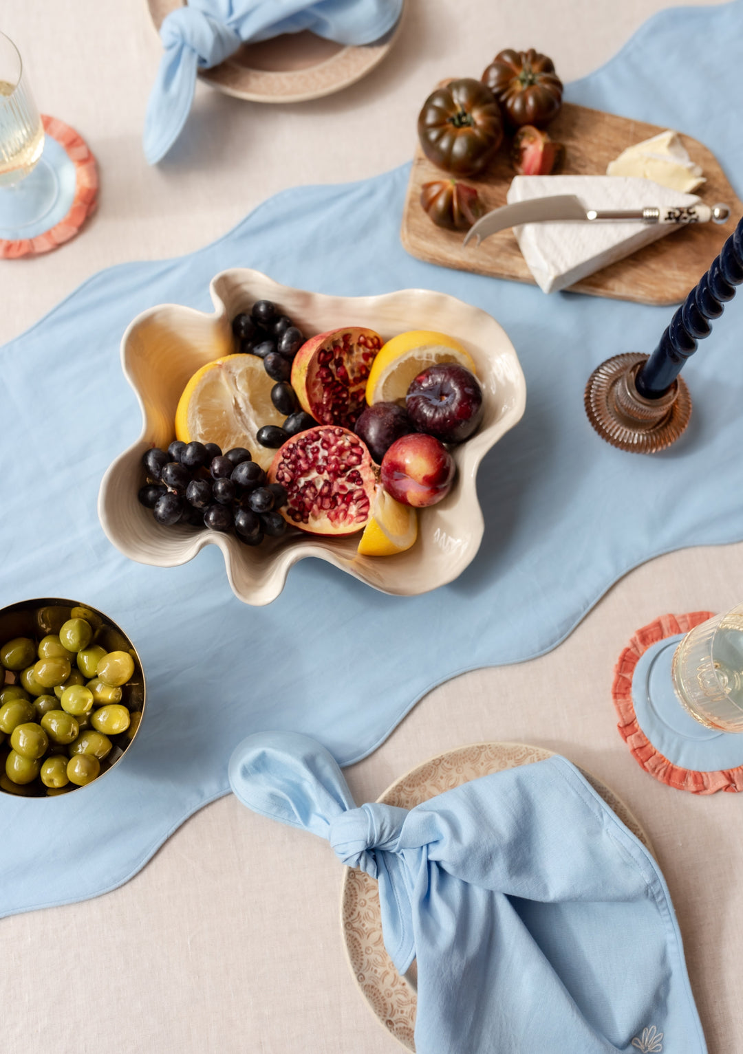 Chemin de table en coton et lin bleu 