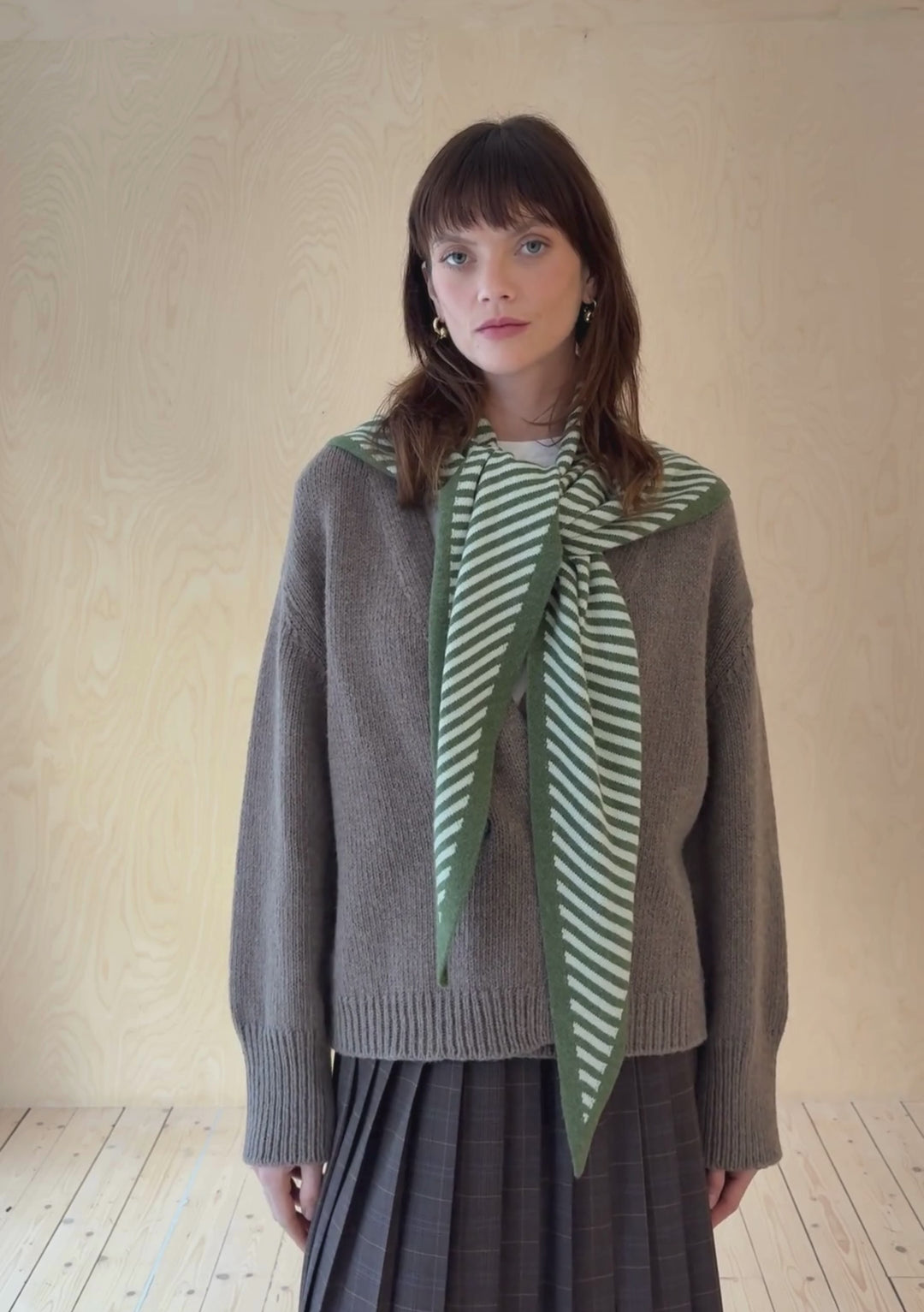 Large Merino Triangle Scarf in Green Stripe